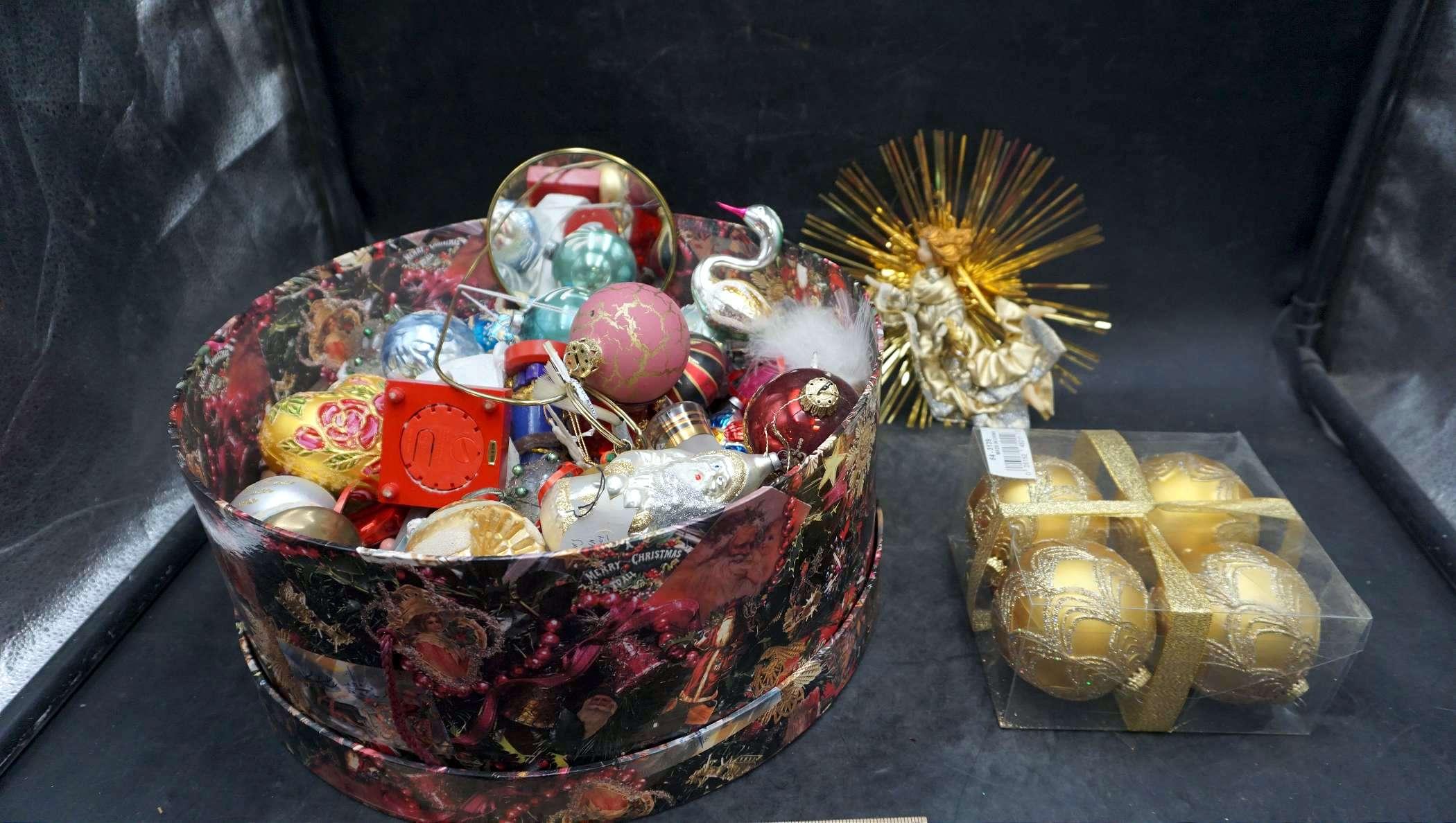 Hat Box W/ Assorted Christmas Tree Ornaments & Angel