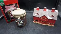 Sterling Happy Holidays Cookie Jar & Christmas Village Barn