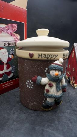 Sterling Happy Holidays Cookie Jar & Christmas Village Barn