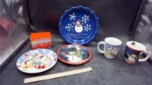 Huntley Palmers Tin Container & Snowman Pieces - Plates, Pie Pan & Mugs