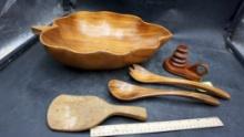 Monkeypod Wooden Bowl, Utensil Set, Spoon Rest & Candlestick Holder