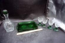 Avon Green Glass Serving Set - Tray, Decanter & Glasses