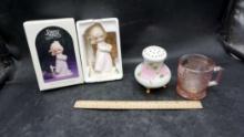 Precious Moments Figurine, Footed Shaker & Imperial Lenox Pink Glass Cup