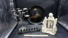 Candle Holders, Painted Plate & Boy Statue
