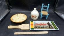 Doll Chair, Bald Man'S Hair Brush, Vase, Bowl & South Dakota Vietnam War Memorial License Plate