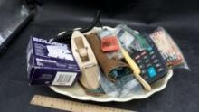 Calculator, Tape Dispenser, Rolodex, Coin Sleeves, Large Bowl, Tools In Cloth Roll-Up Bag