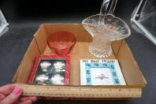 Picture Frame, Glass Handled Basket Planter, Glass Bowl & Snowman Napkin Rings