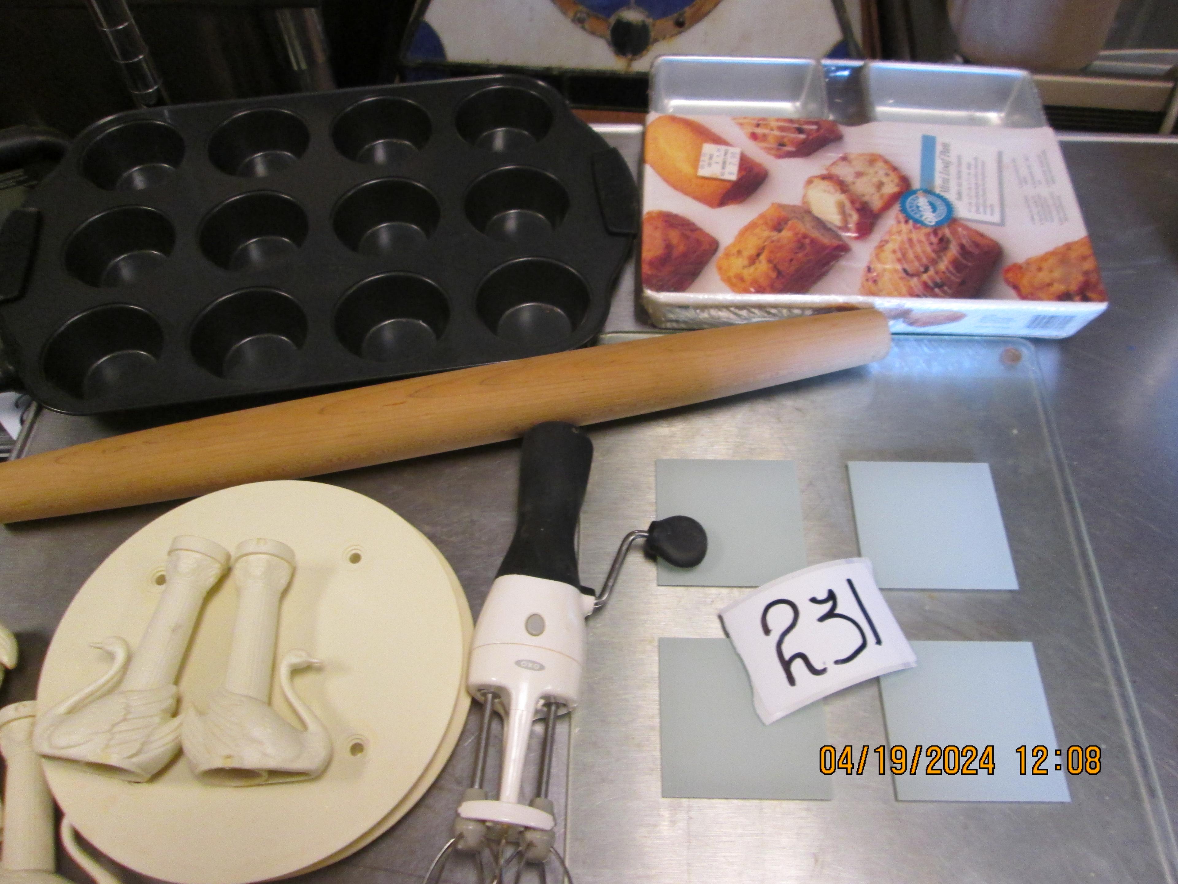 cutting board, rolling pin, pans, and more