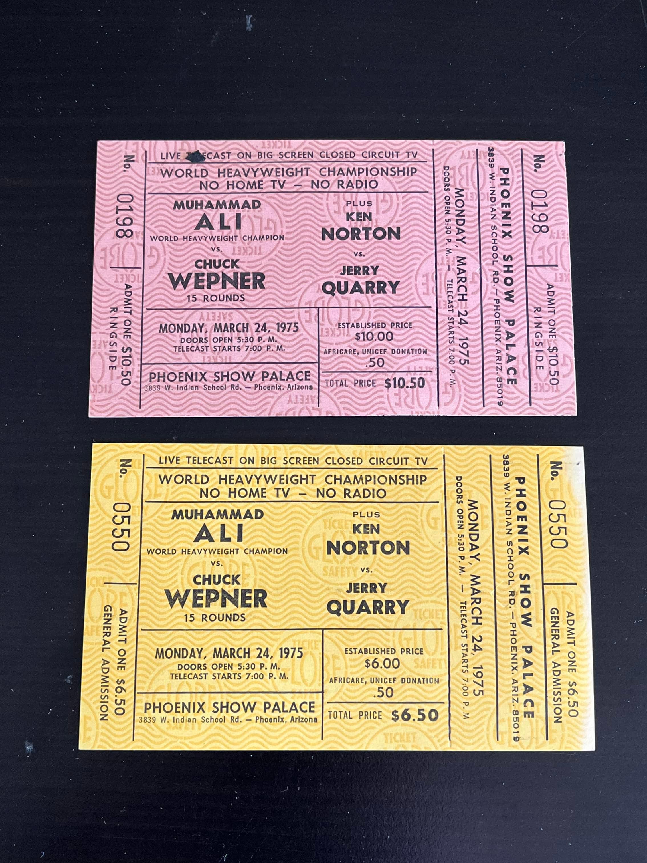 Muhammad Ali/Chuck Wepner (2) Unused Tickets