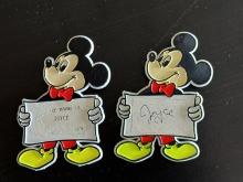 2 Vintage Mickey Mouse Disneyland Name Tag with Mickey Holding the Name Plate Pin on Back