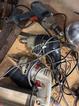Drills, sander, light, tools