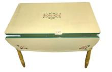 VINTAGE DROP LEAF DECORATED ENAMEL TOP TABLE with DRAWER - PICK UP ONLY