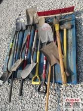 Assorted Shovels, Shop Broom, Pickaxe, Sledge Hammer & Misc.......