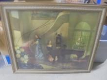 Antique Wood Frame Victorian Print w/ Lady Playing Piano