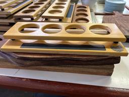 Lot of All Wood Pint Holders and Serving Platters on This Table