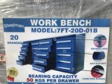 UNUSED 7FT Blue Work Bench w/ 20 Drawers