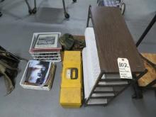 Plastic Toolbox, shelf unit, wooden crates w/contents