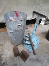 Galvanized trash cans, roller stand