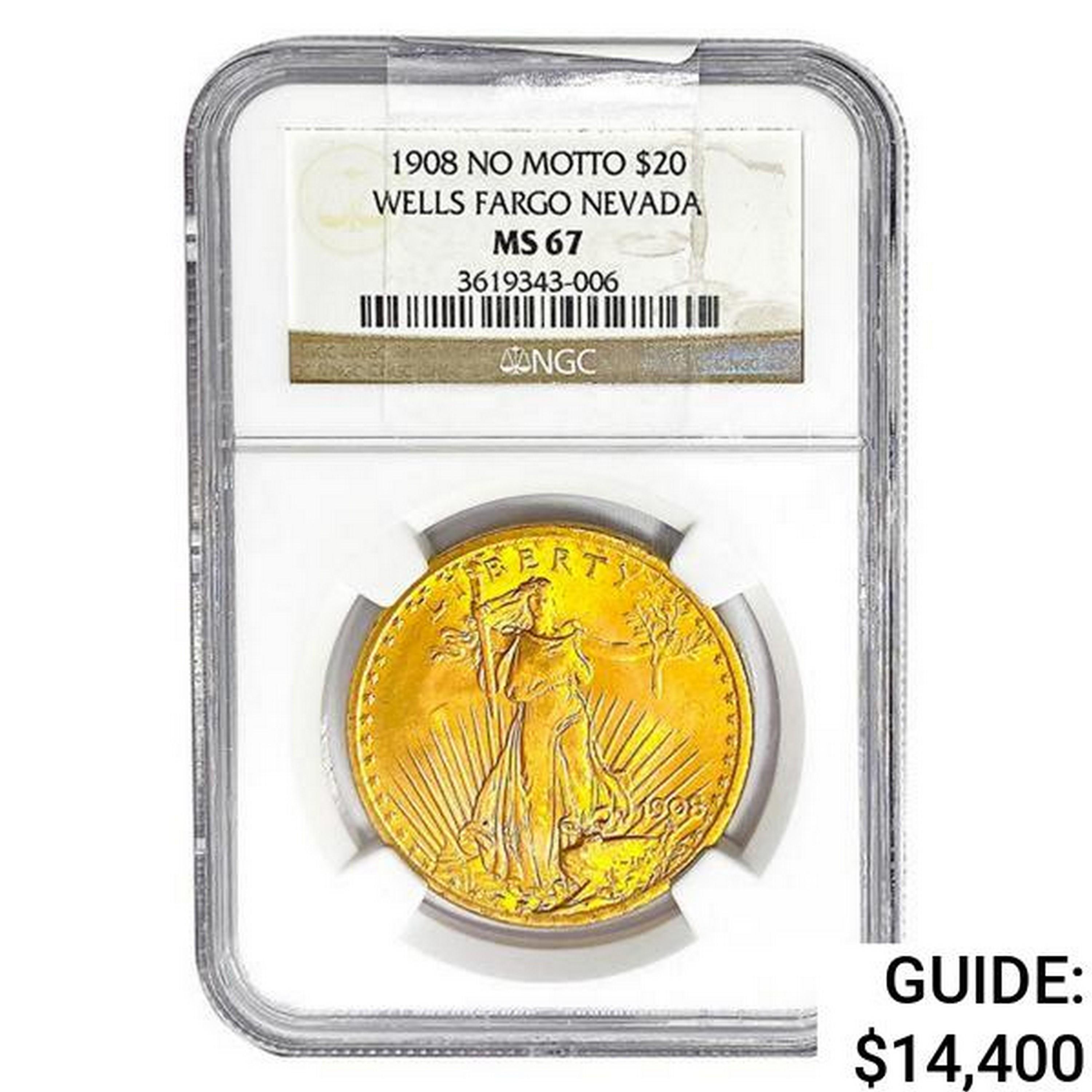 1908 $20 Gold Double Eagle NGC MS67 No Motto Wells