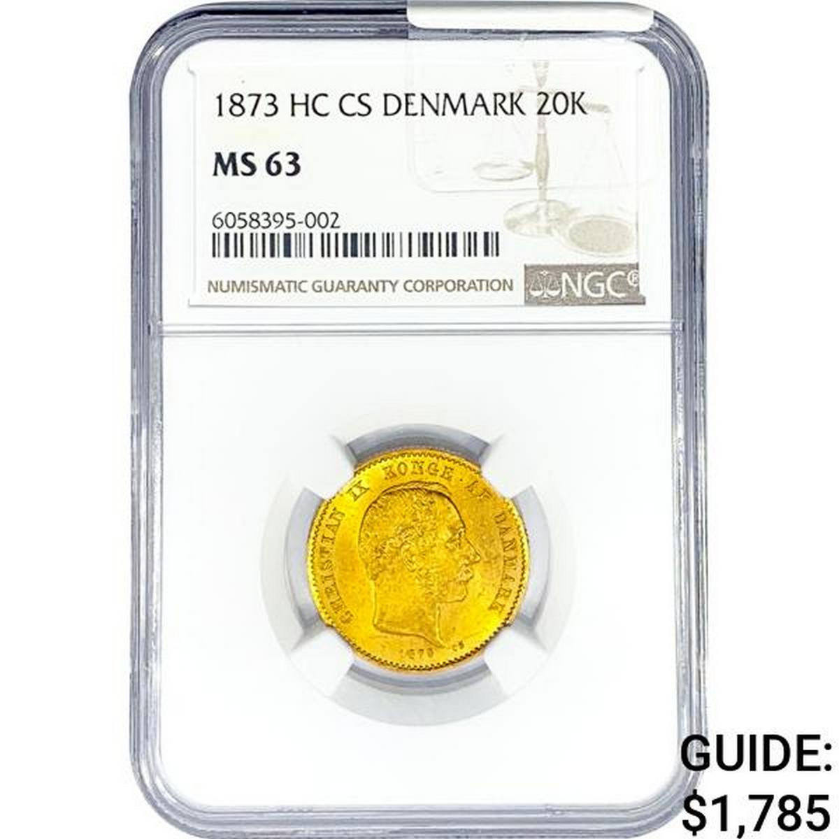 1873 .2593oz. Gold HC CS Denmark 20 Kroner NGC MS6