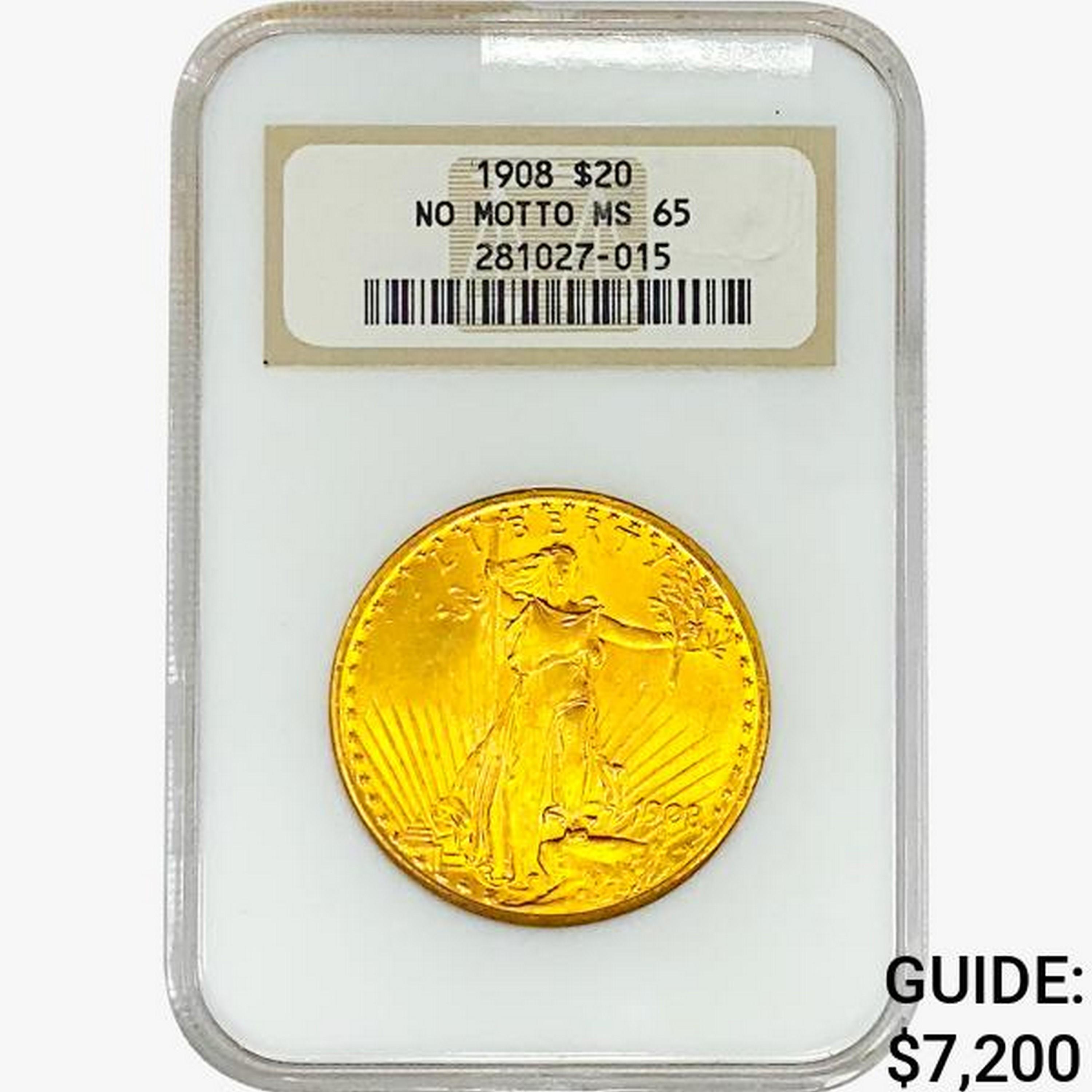 1908 $20 Gold Double Eagle NGC MS65 No Motto