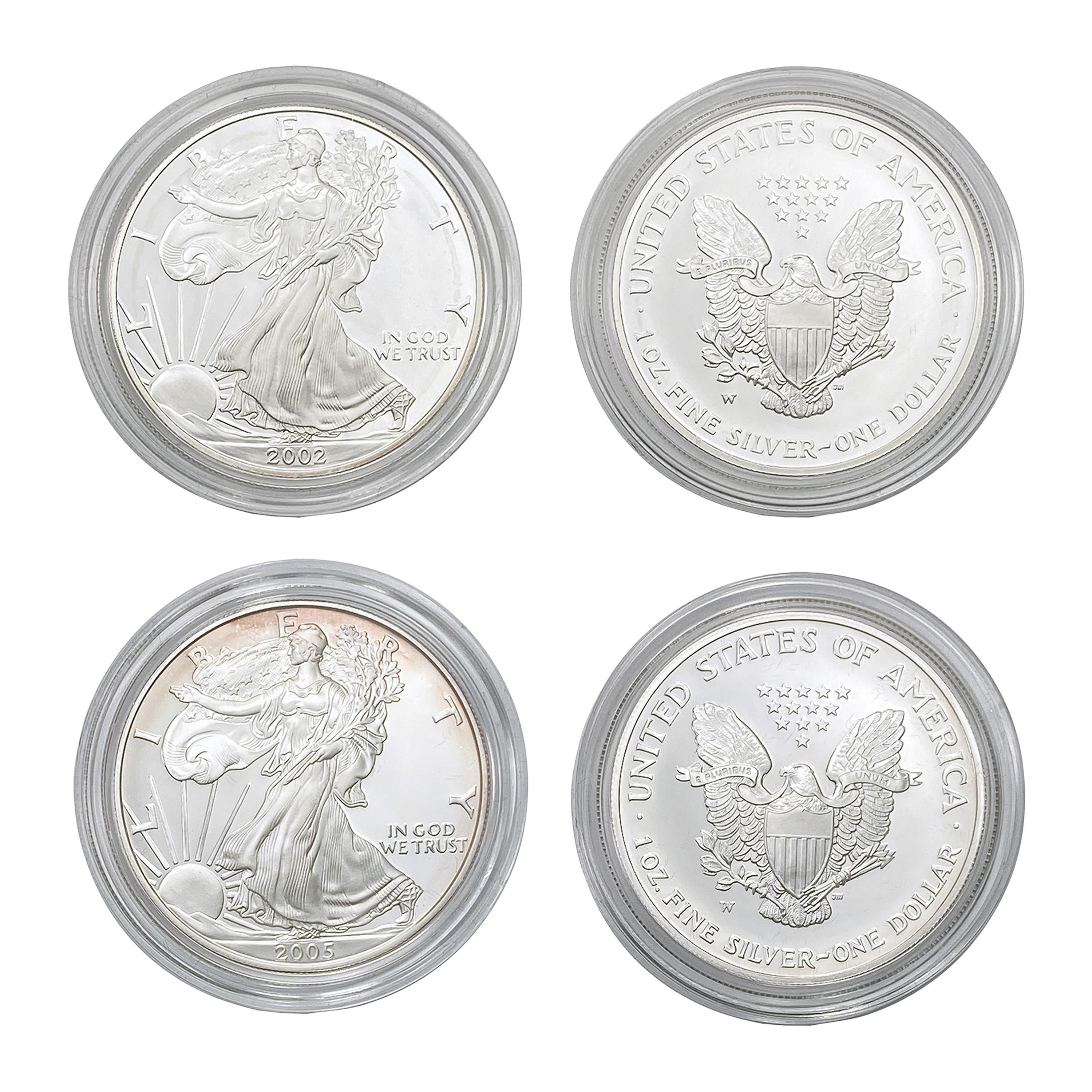 2002, 2005 US 1oz Silver Eagle Proof Coins [2 Coin