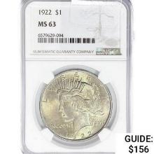 1922-1923 Set [5] Silver Peace Dollar NGC MS63