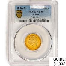 1834-A France 20 Francs .1867oz. Gold PCGS AU50