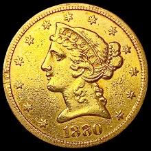 1880 $5 Gold Half Eagle NEARLY UNCIRCULATED