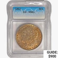 1892 Morgan Silver Dollar ICG MS61