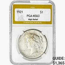 1921 Silver Peace Dollar PGA MS63 High Relief