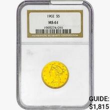 1902 $5 Gold Half Eagle NGC MS61