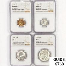 [4] 1936 US Coin Set (50C, 25C, 10C, 1C) NGC MS