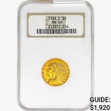 1909 $5 Gold Half Eagle NGC MS60