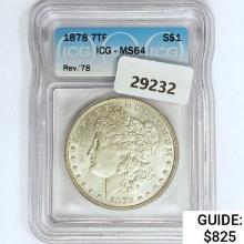 1878 7TF Morgan Silver Dollar ICG MS64 Rev 78