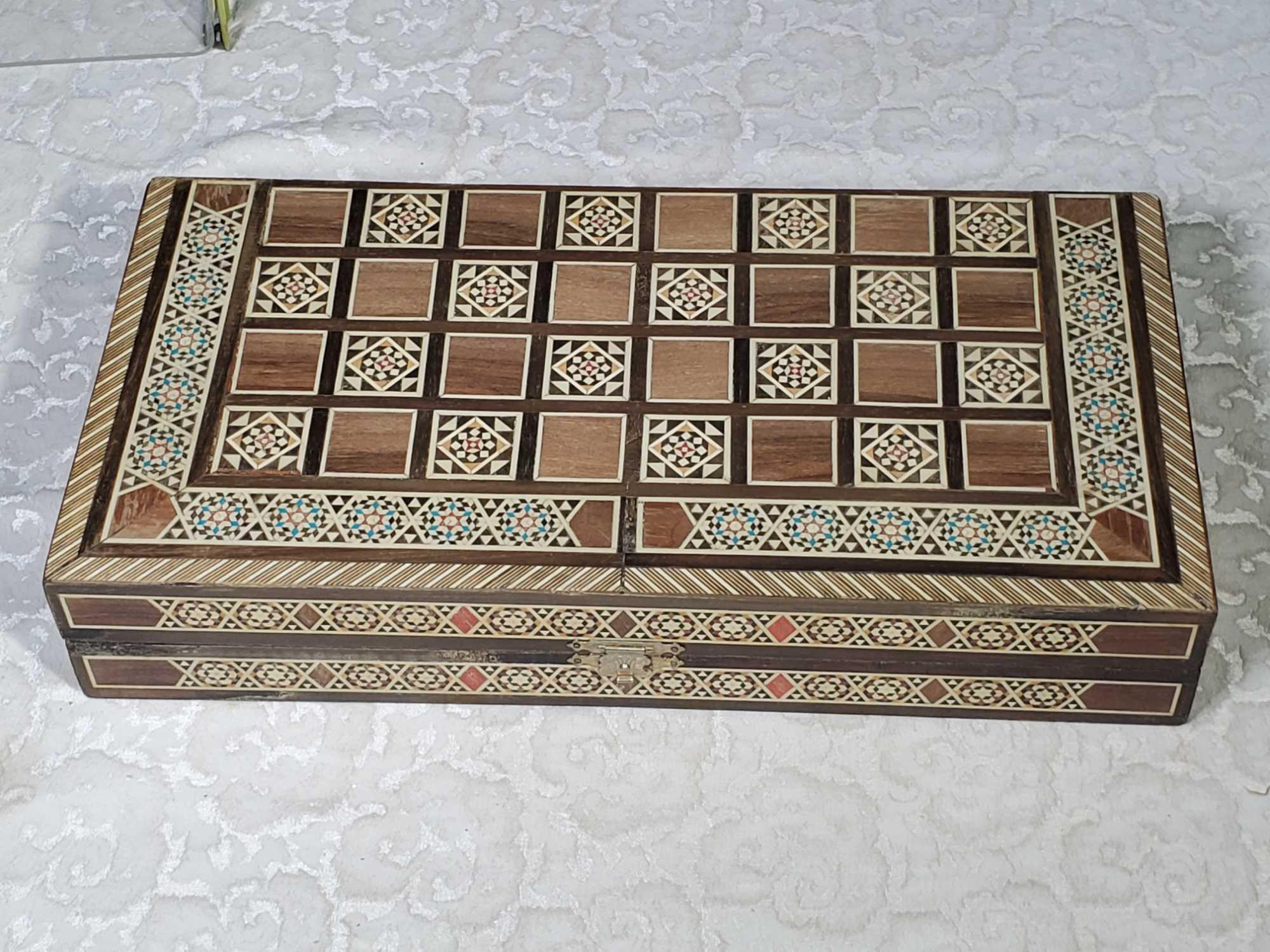Moroccan Inlay Chess Board with Stone Pieces and Backgammon Interior Storage