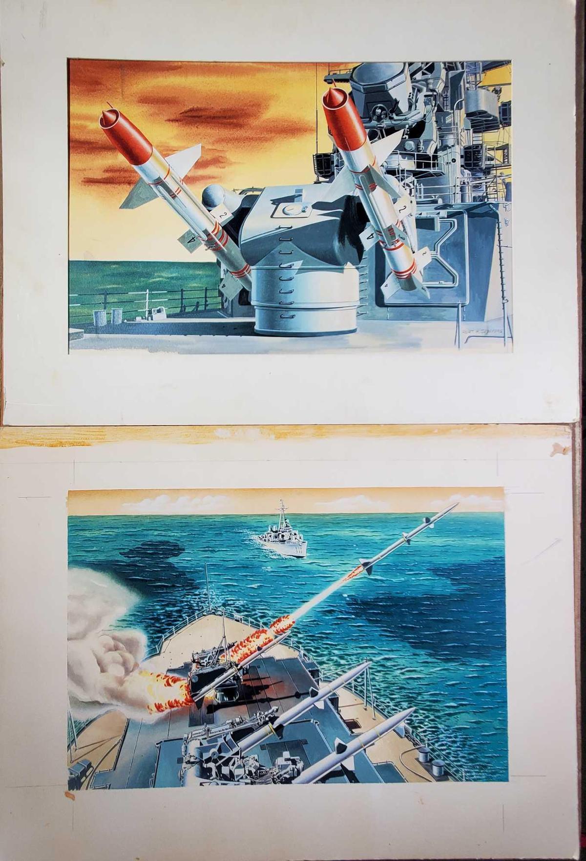 2 Robert H Sawyers 1960's Watercolor Missile and Navy Ship Original Illustrations on Paper Board