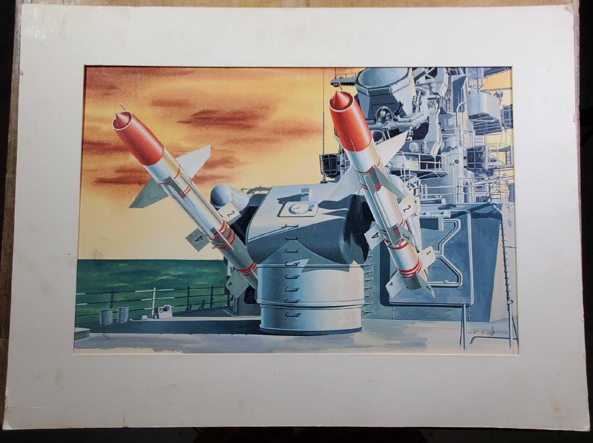 2 Robert H Sawyers 1960's Watercolor Missile and Navy Ship Original Illustrations on Paper Board