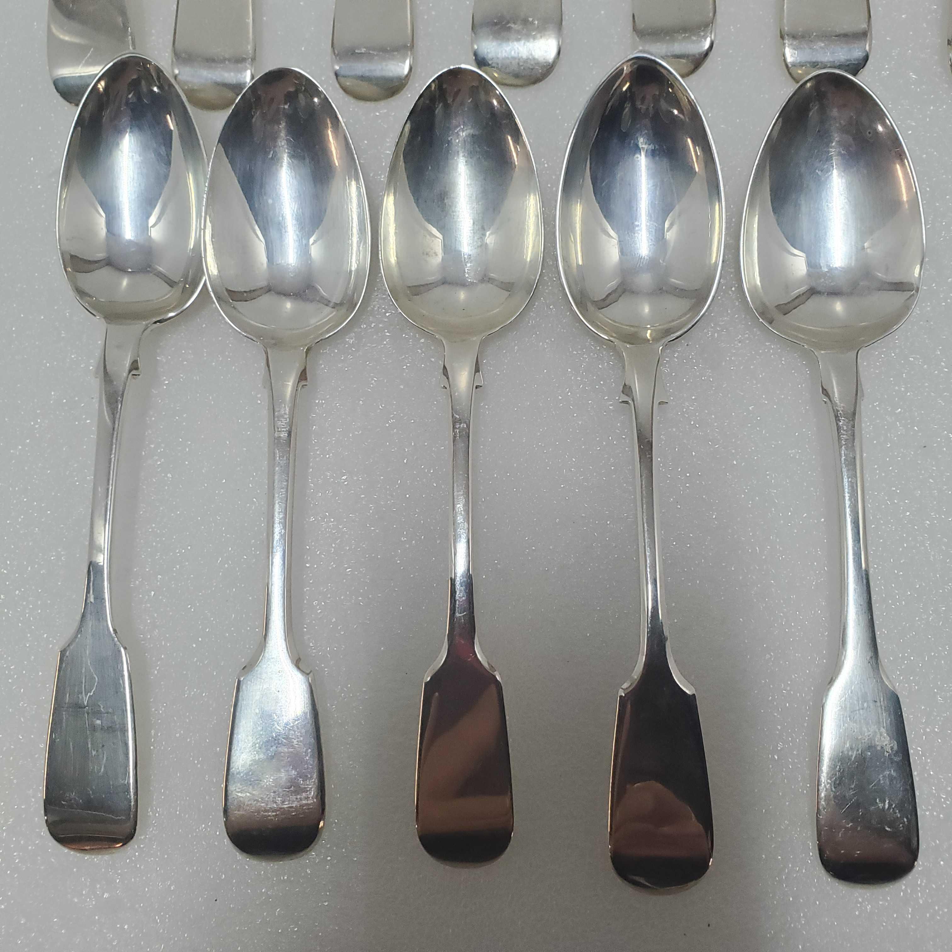 12 Sterling Silver 19th C. English Fiddleback Place / Dessert Spoons Vairious Makers & Dates