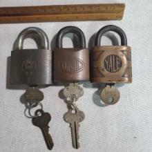 3 Very Nice Antique Padlocks With Keys Yale, Corbin & Eagle With Keys