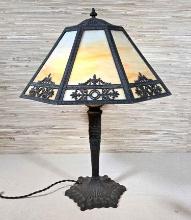 Antique Metal Cage Slag Glass Table Lamp
