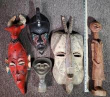 3 Ghana and Other African Carved Wood Masks and 1 Clay Figure