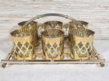 Set of 6 Mid Century Culver Valencia Glasses in Brass Finish Bamboo Holder