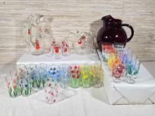 Collection of Vintage Jelly Jar Juice Glasses & Pitchers