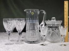 Waterford Cut Crystal Lismore Diamond Pitcher Seahorse Biscuit Jar and 6 Stems
