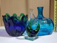 3 Pieces of Blue and Green Art Glass
