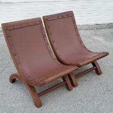 Pair Of Vintage Spectacular Butaque Style Leather & Wood Sling Lounge Chairs