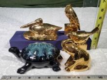 4 Contemporary Rookwood Gold Glazed Paperweights (1 as is), and Van Briggle Turtle Trinet Box