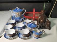 Asian Collectibles with Moriage Dragon Ware Tea Set, Bronze Finish Statue and Wooden Basket