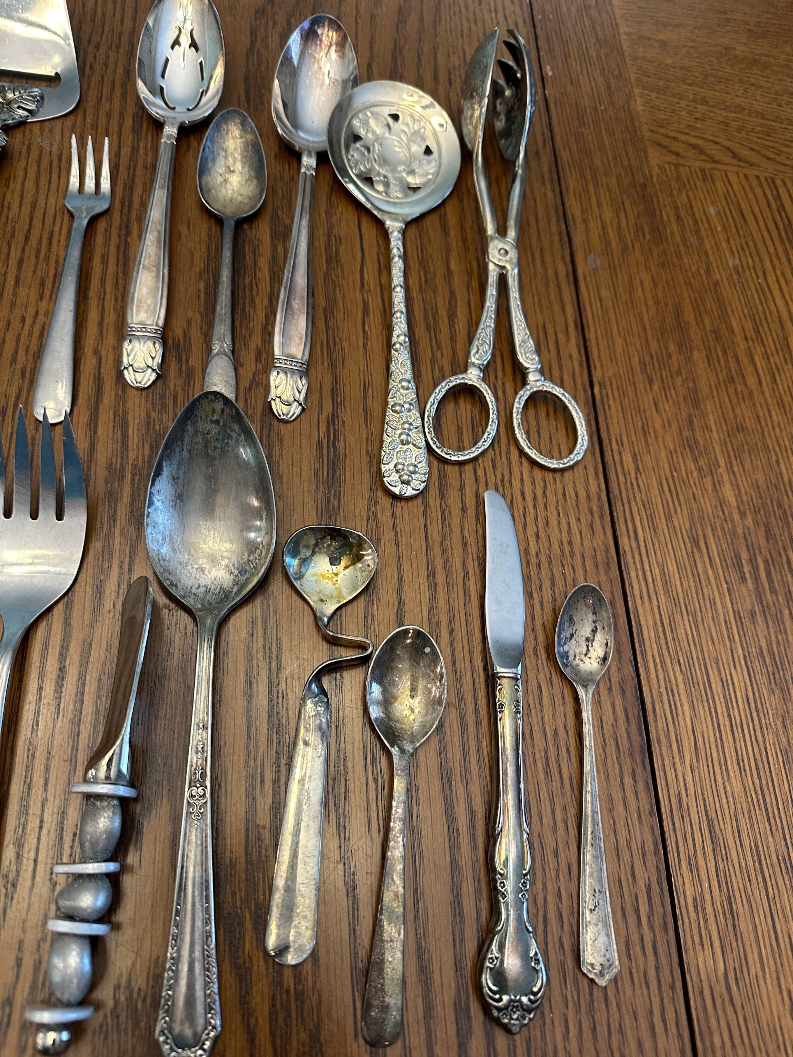 Box Lot/Various Serving Pieces (Silver Plated?), Flatware, ETC